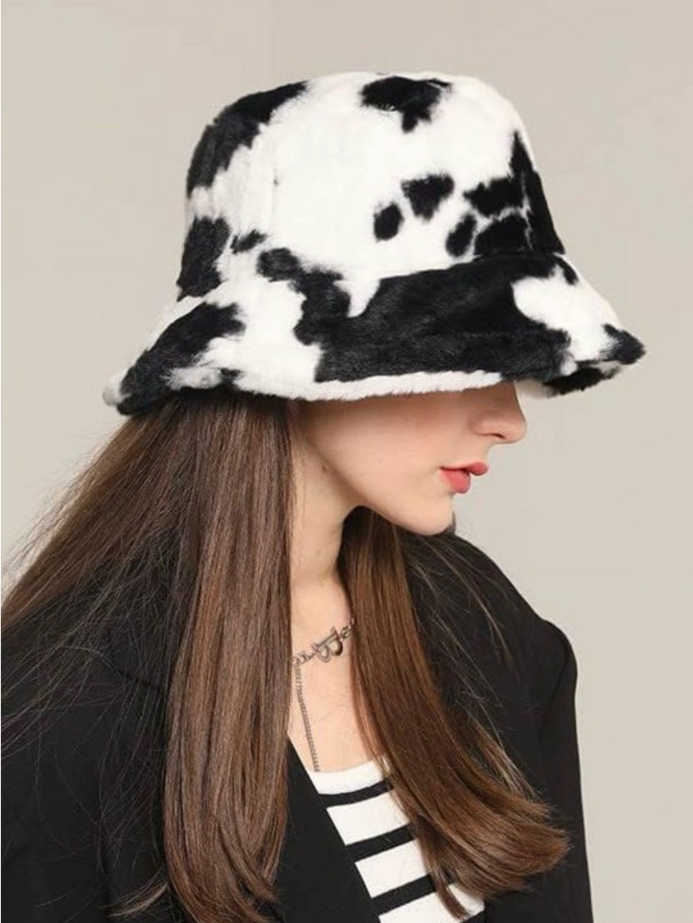 Faux Fur Cow Print Bucket Hat - Black & White